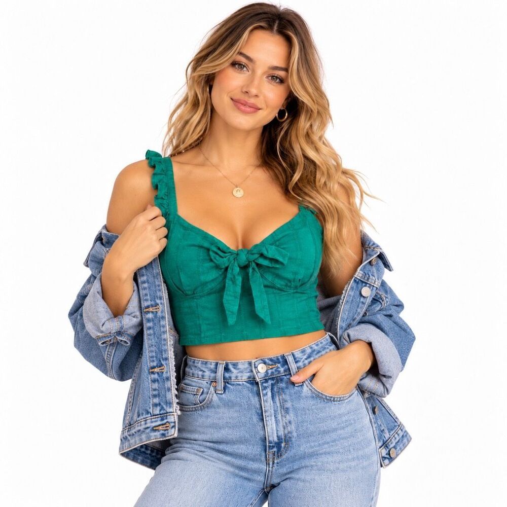 Express Green Tie Front Ruffle Strap Crop Top Women’s Large NWT 100% Cotton